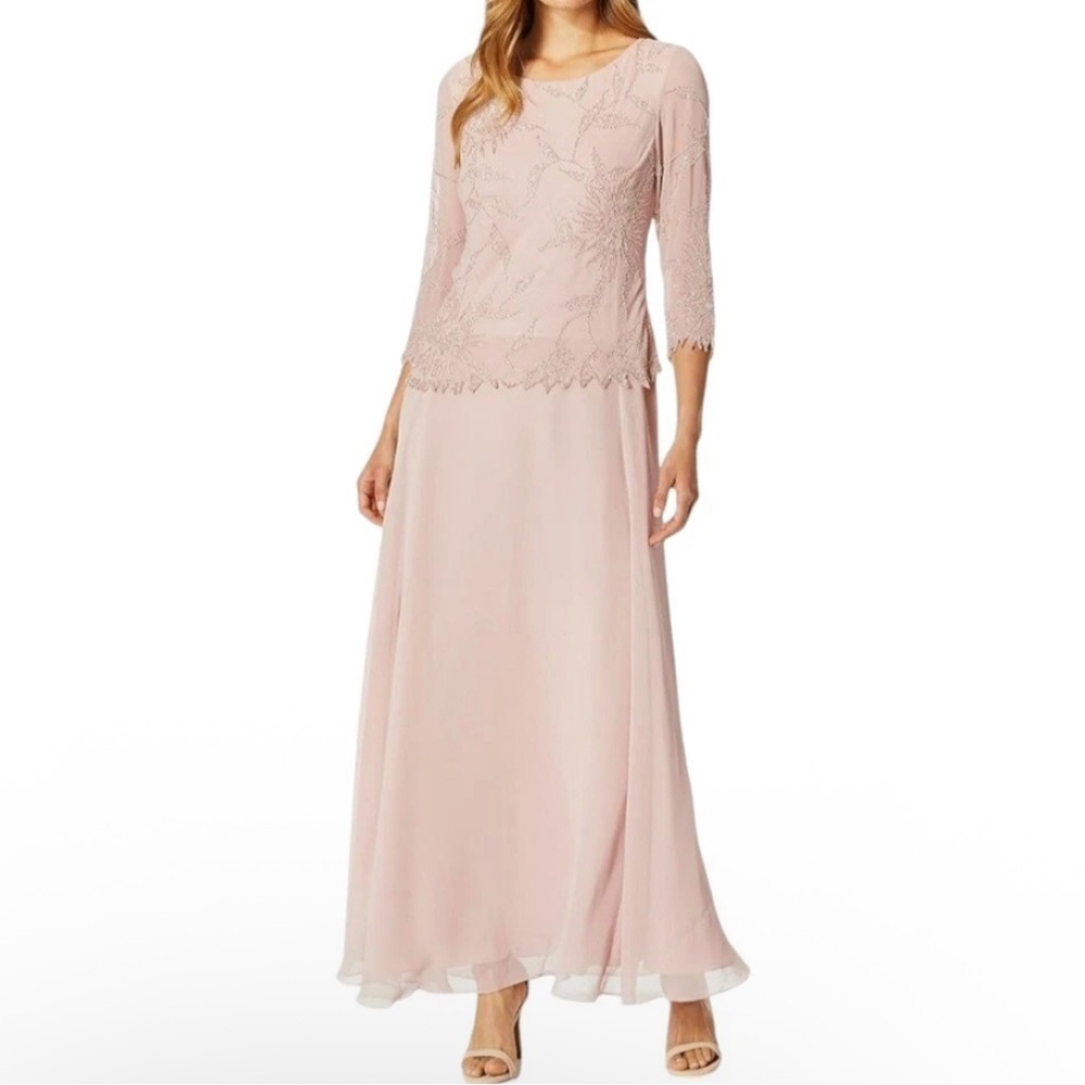 J Kara Women's Beaded Scallop Bodice Asymmetrical Gown Light Pink